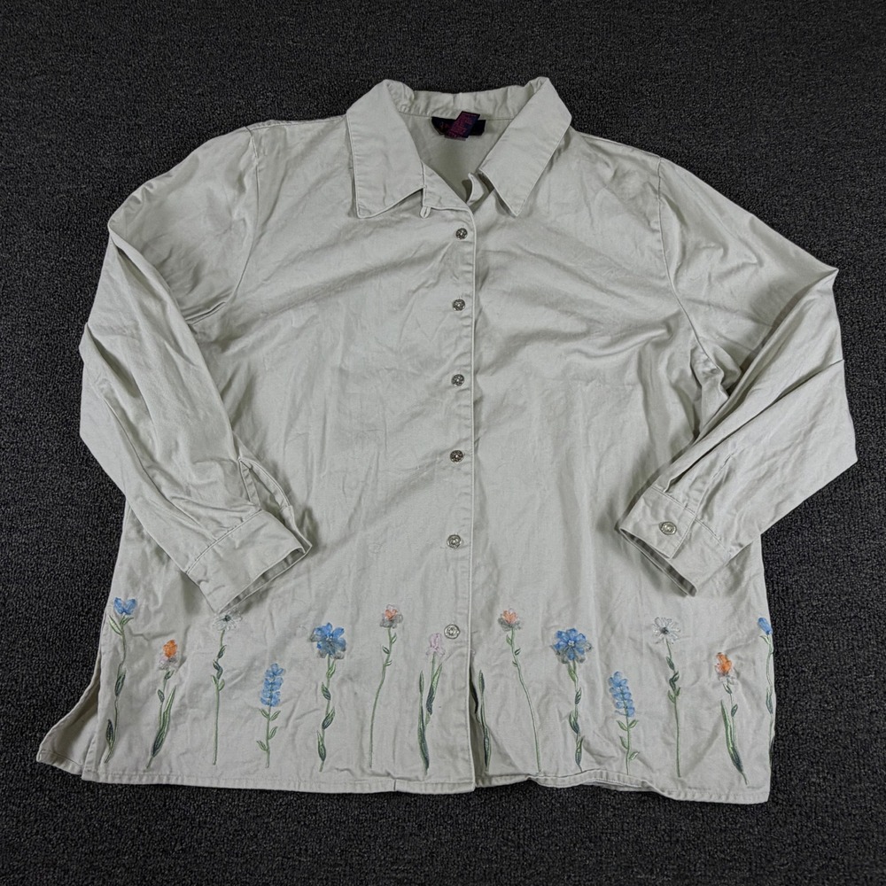 Denim & Co Button-Down Womens 1X A78968 Beige Floral Embroidered EUC